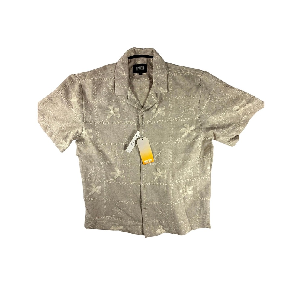 Malibu By Drill Clothing Co Mens Short Sleeve Button Up Shirt Tan Floral Large